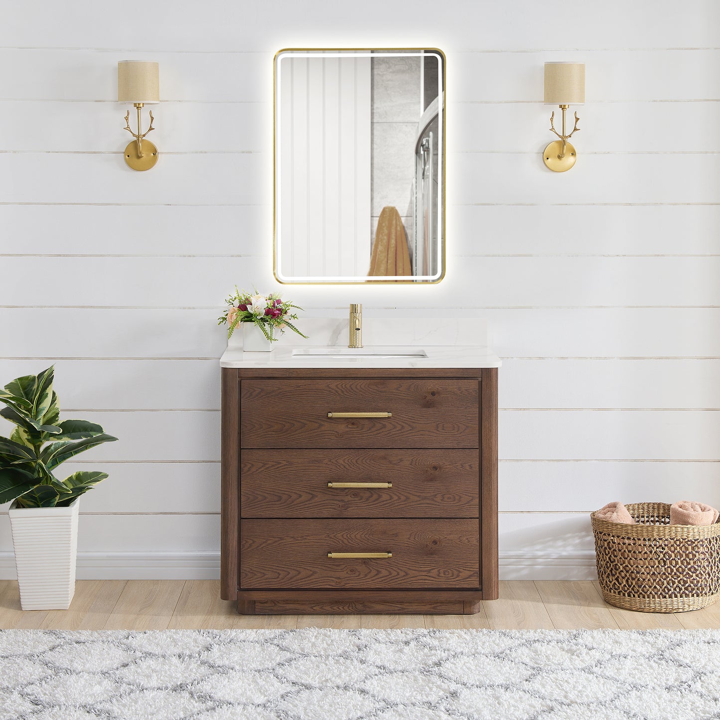 Vinnova, Porto 36" Free-standing Single Bath Vanity in Aged Dark Brown Oak with Fish Maw White Quartz Stone Top and Mirror