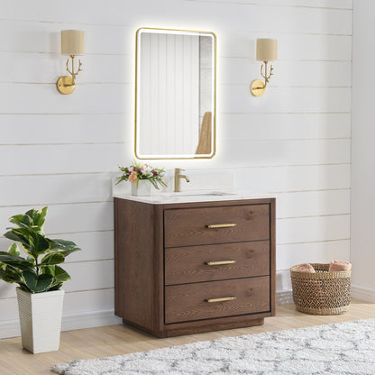 Vinnova, Porto 36" Free-standing Single Bath Vanity in Aged Dark Brown Oak with Fish Maw White Quartz Stone Top and Mirror