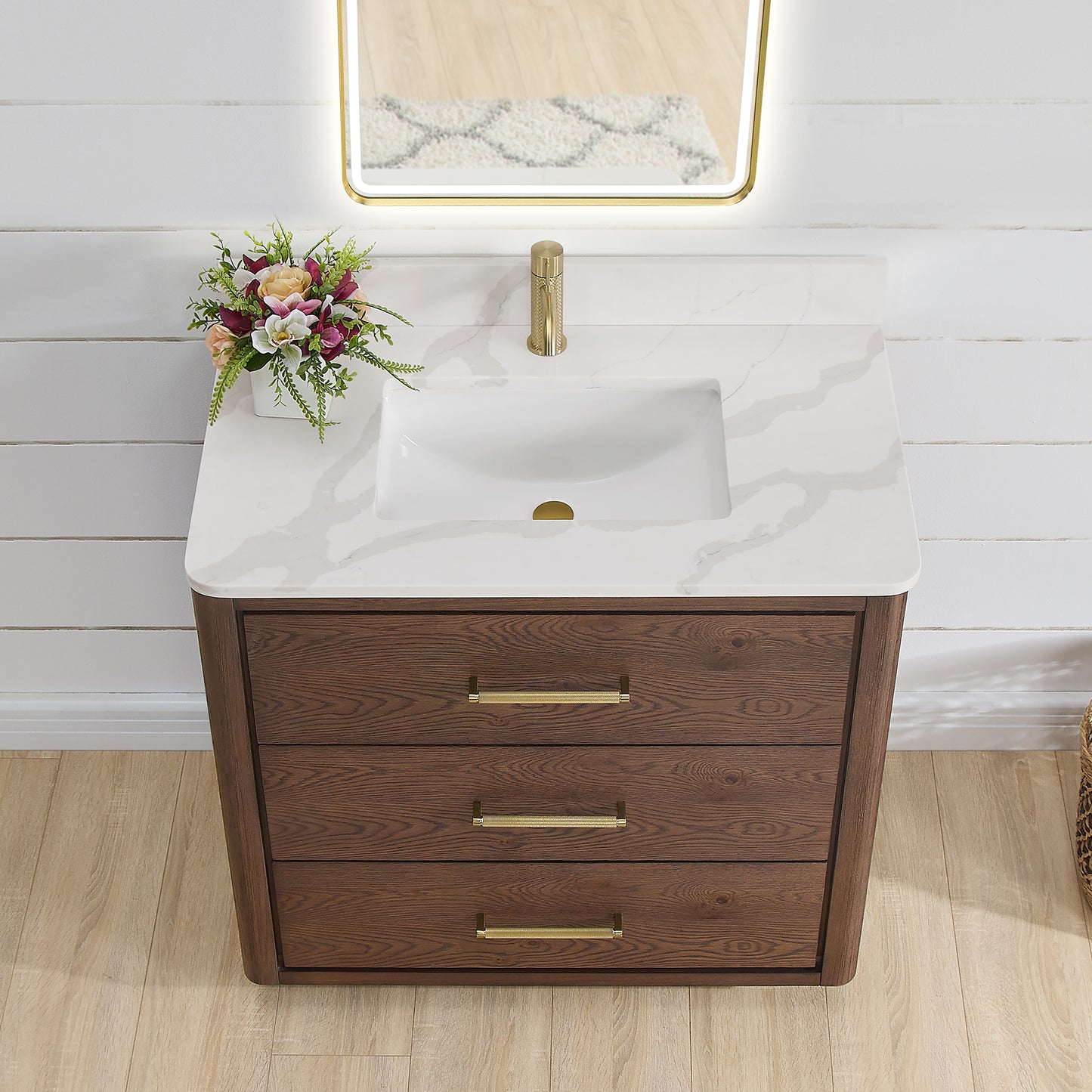 Vinnova, Porto 36" Free-standing Single Bath Vanity in Aged Dark Brown Oak with Fish Maw White Quartz Stone Top and Mirror