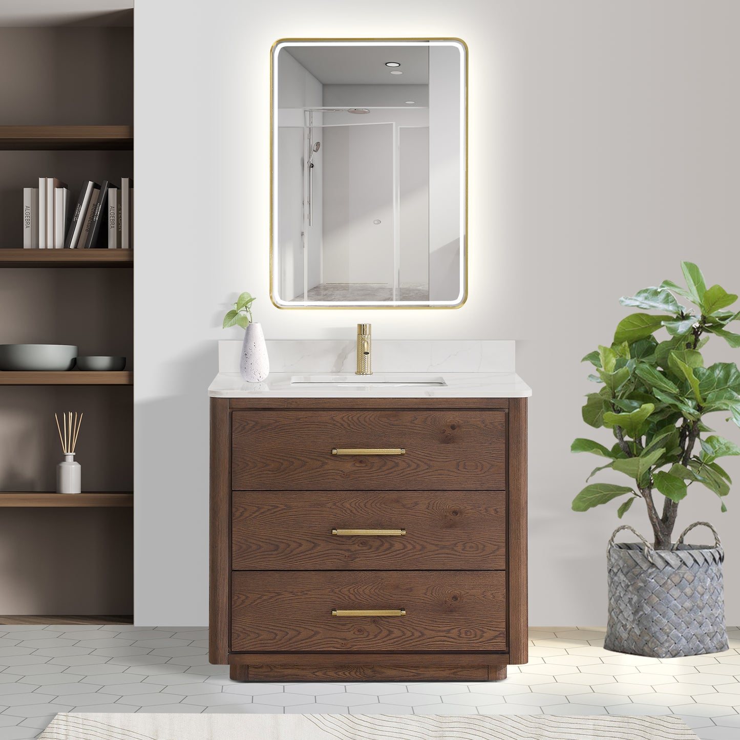 Vinnova, Porto 36" Free-standing Single Bath Vanity in Aged Dark Brown Oak with Fish Maw White Quartz Stone Top and Mirror