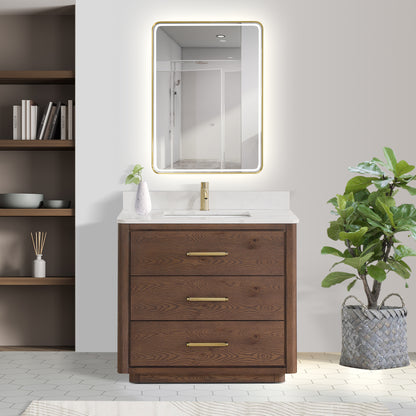 Vinnova, Porto 36" Free-standing Single Bath Vanity in Aged Dark Brown Oak with Fish Maw White Quartz Stone Top and Mirror
