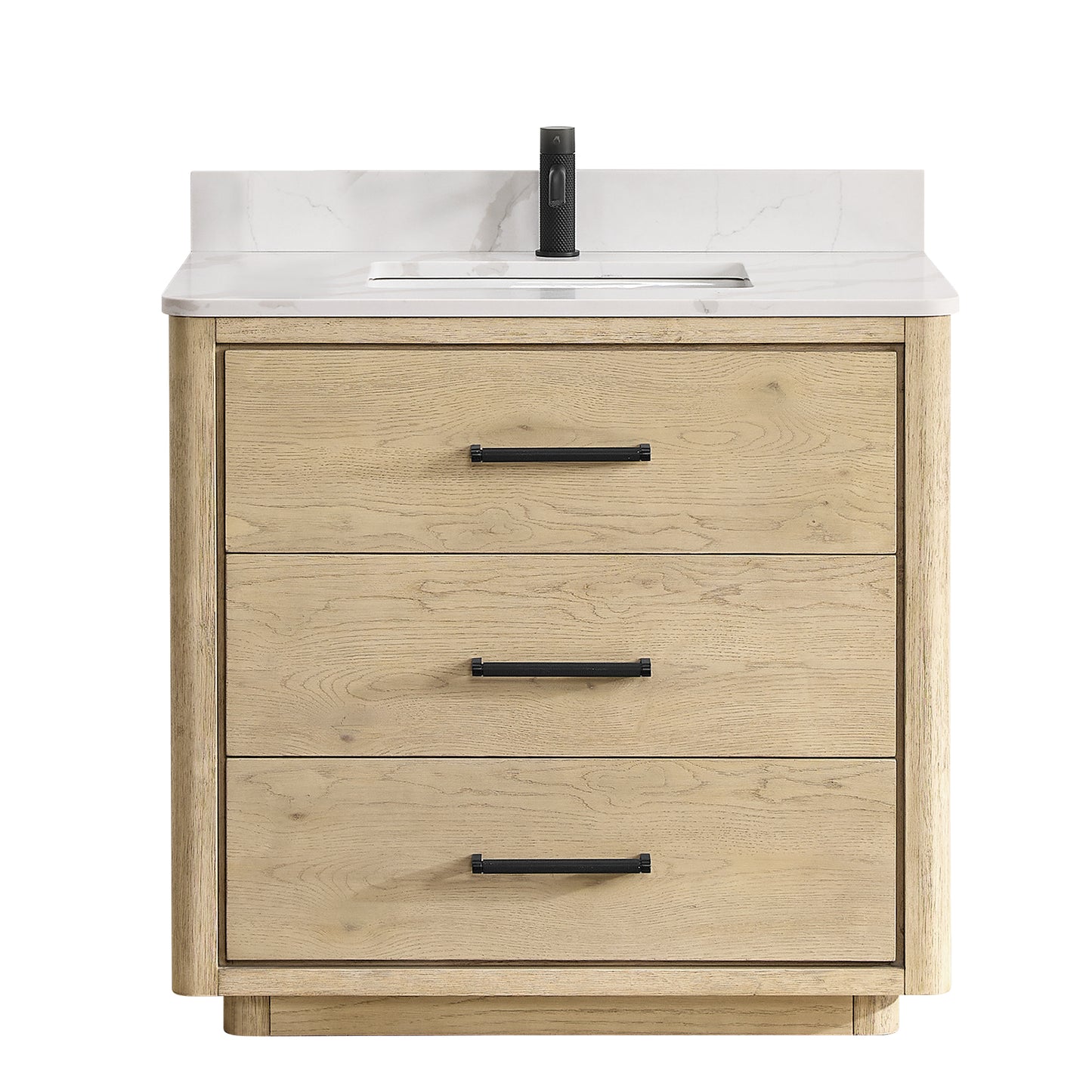 Vinnova, Porto 36" Free-standing Single Bath Vanity in Aged Natural Oak with Fish Maw White Quartz Stone Top