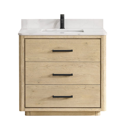 Vinnova, Porto 36" Free-standing Single Bath Vanity in Aged Natural Oak with Fish Maw White Quartz Stone Top