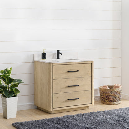 Vinnova, Porto 36" Free-standing Single Bath Vanity in Aged Natural Oak with Fish Maw White Quartz Stone Top