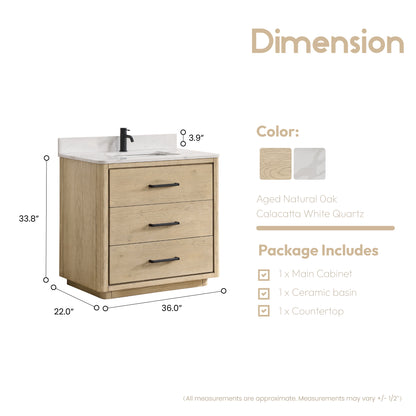 Vinnova, Porto 36" Free-standing Single Bath Vanity in Aged Natural Oak with Fish Maw White Quartz Stone Top