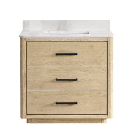Vinnova, Porto 36" Free-standing Single Bath Vanity in Aged Natural Oak with Fish Maw White Quartz Stone Top