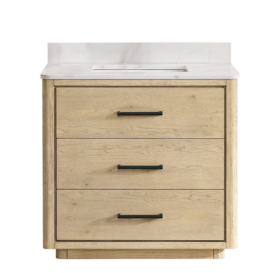 Vinnova, Porto 36" Free-standing Single Bath Vanity in Aged Natural Oak with Fish Maw White Quartz Stone Top