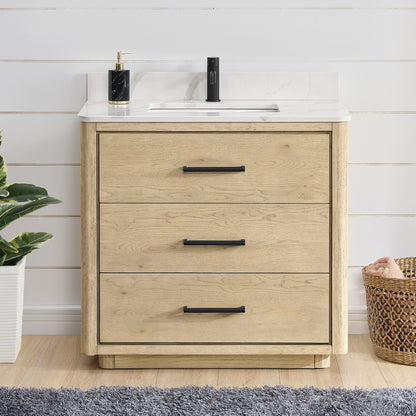 Vinnova, Porto 36" Free-standing Single Bath Vanity in Aged Natural Oak with Fish Maw White Quartz Stone Top