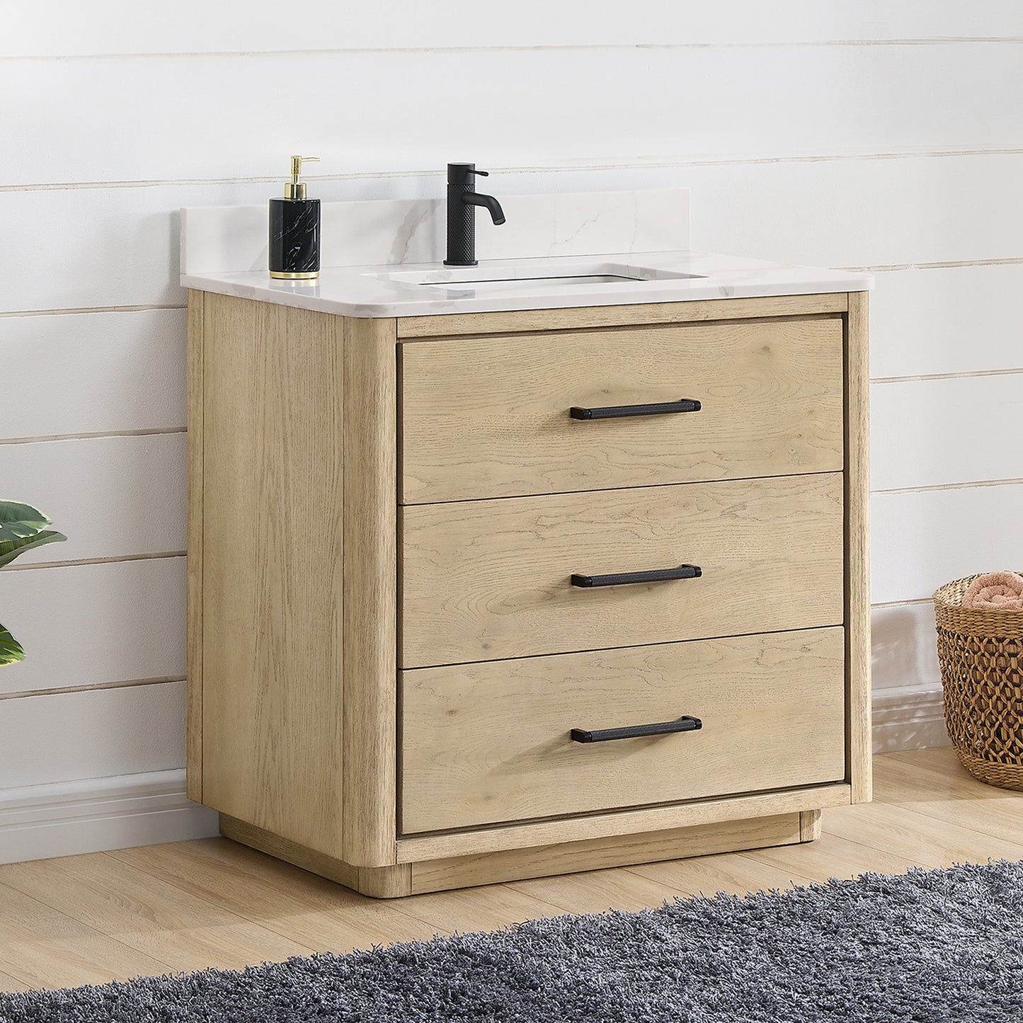 Vinnova, Porto 36" Free-standing Single Bath Vanity in Aged Natural Oak with Fish Maw White Quartz Stone Top
