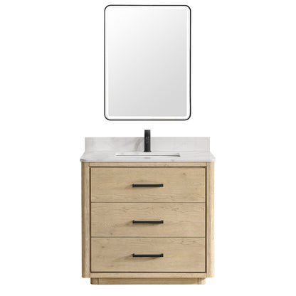 Vinnova, Porto 36" Free-standing Single Bath Vanity in Aged Natural Oak with Fish Maw White Quartz Stone Top and Mirror