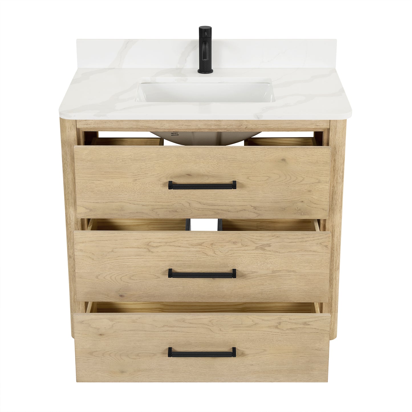 Vinnova, Porto 36" Free-standing Single Bath Vanity in Aged Natural Oak with Fish Maw White Quartz Stone Top and Mirror