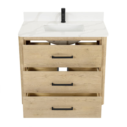 Vinnova, Porto 36" Free-standing Single Bath Vanity in Aged Natural Oak with Fish Maw White Quartz Stone Top and Mirror