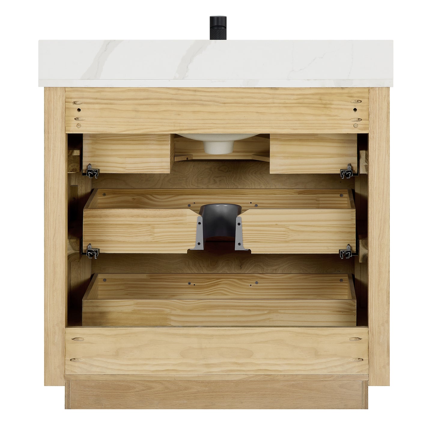 Vinnova, Porto 36" Free-standing Single Bath Vanity in Aged Natural Oak with Fish Maw White Quartz Stone Top and Mirror