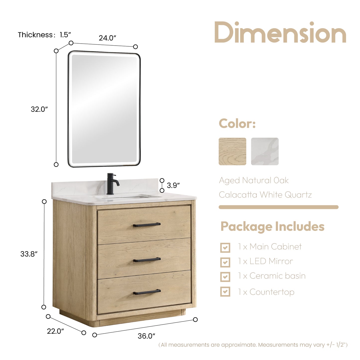 Vinnova, Porto 36" Free-standing Single Bath Vanity in Aged Natural Oak with Fish Maw White Quartz Stone Top and Mirror