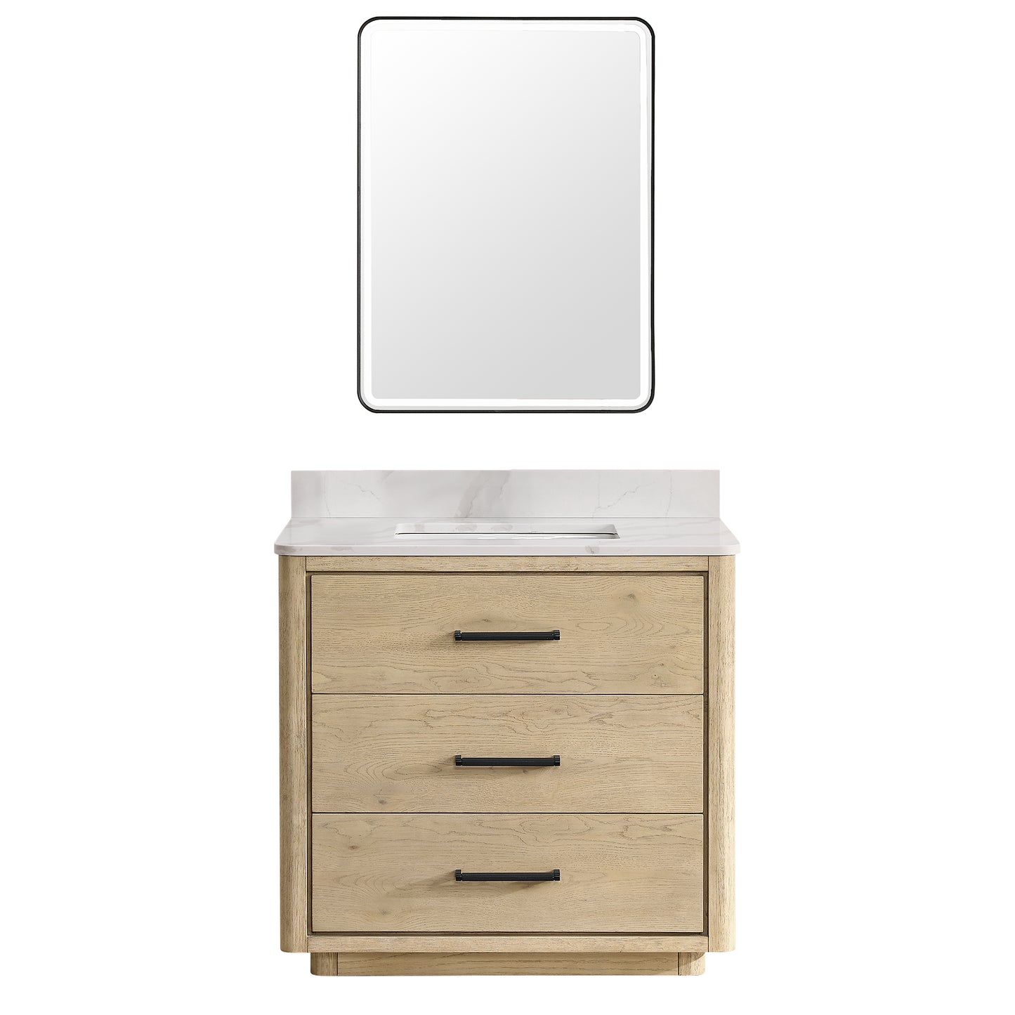 Vinnova, Porto 36" Free-standing Single Bath Vanity in Aged Natural Oak with Fish Maw White Quartz Stone Top and Mirror