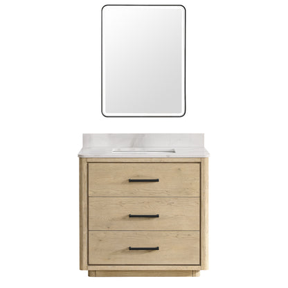 Vinnova, Porto 36" Free-standing Single Bath Vanity in Aged Natural Oak with Fish Maw White Quartz Stone Top and Mirror