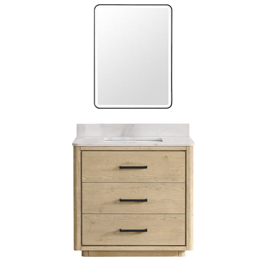 Vinnova, Porto 36" Free-standing Single Bath Vanity in Aged Natural Oak with Fish Maw White Quartz Stone Top and Mirror