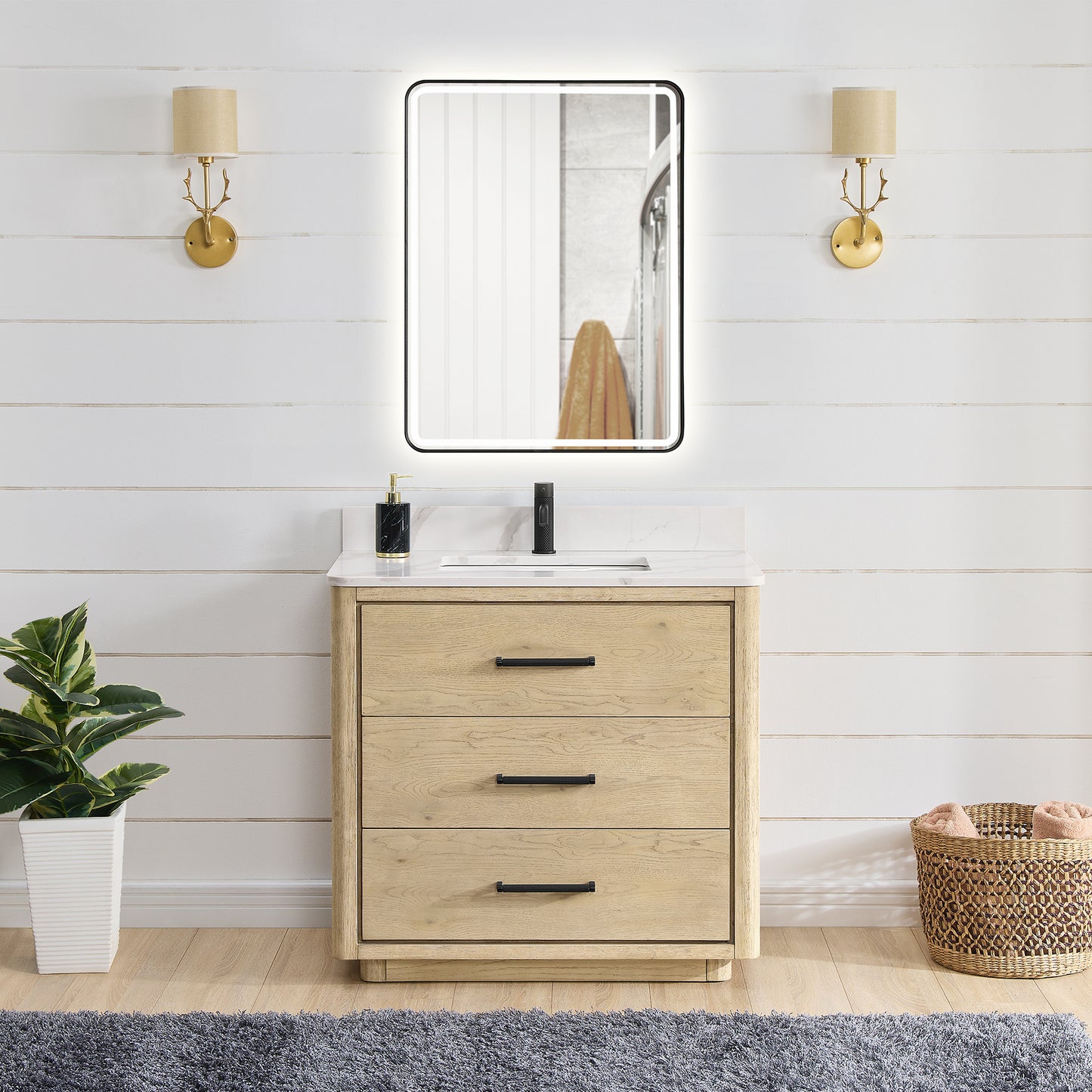 Vinnova, Porto 36" Free-standing Single Bath Vanity in Aged Natural Oak with Fish Maw White Quartz Stone Top and Mirror