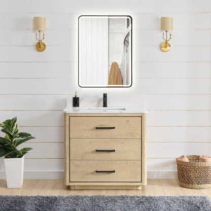 Vinnova, Porto 36" Free-standing Single Bath Vanity in Aged Natural Oak with Fish Maw White Quartz Stone Top and Mirror
