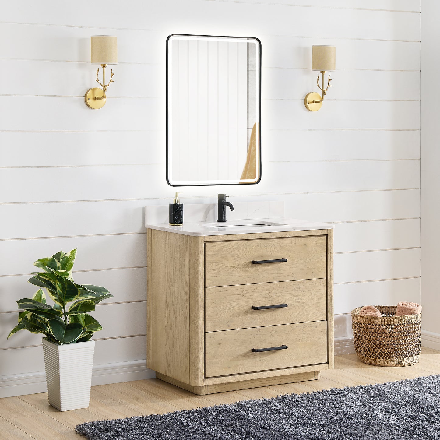 Vinnova, Porto 36" Free-standing Single Bath Vanity in Aged Natural Oak with Fish Maw White Quartz Stone Top and Mirror