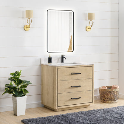 Vinnova, Porto 36" Free-standing Single Bath Vanity in Aged Natural Oak with Fish Maw White Quartz Stone Top and Mirror