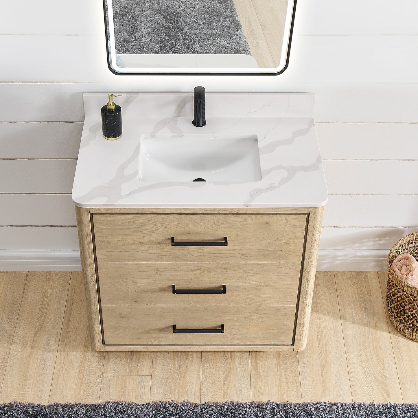 Vinnova, Porto 36" Free-standing Single Bath Vanity in Aged Natural Oak with Fish Maw White Quartz Stone Top and Mirror