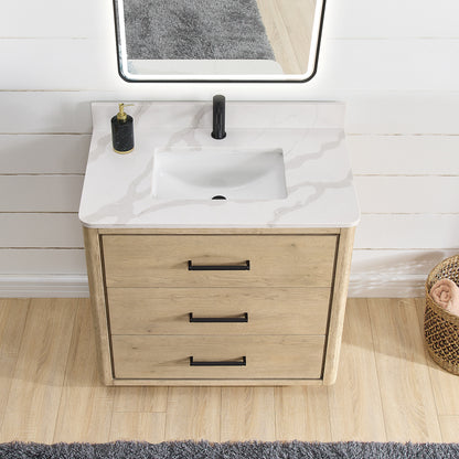 Vinnova, Porto 36" Free-standing Single Bath Vanity in Aged Natural Oak with Fish Maw White Quartz Stone Top and Mirror