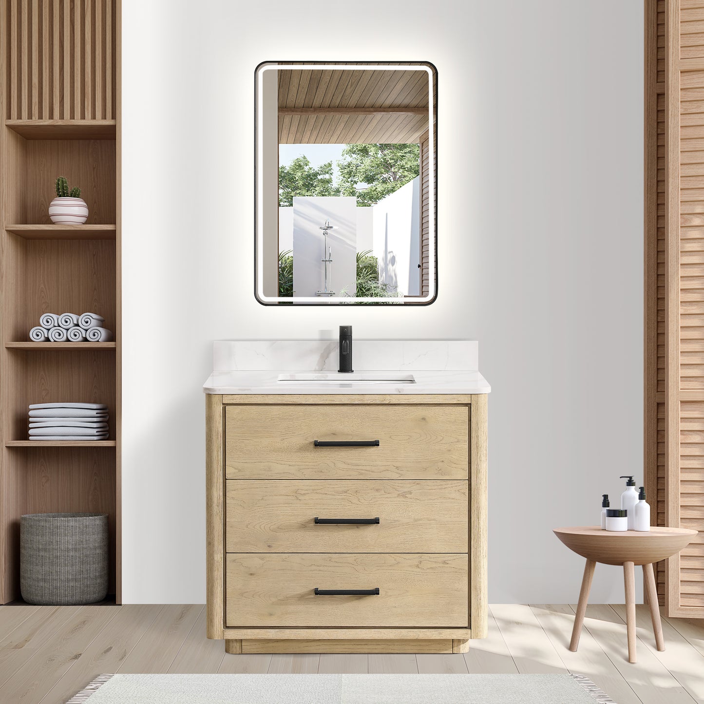 Vinnova, Porto 36" Free-standing Single Bath Vanity in Aged Natural Oak with Fish Maw White Quartz Stone Top and Mirror