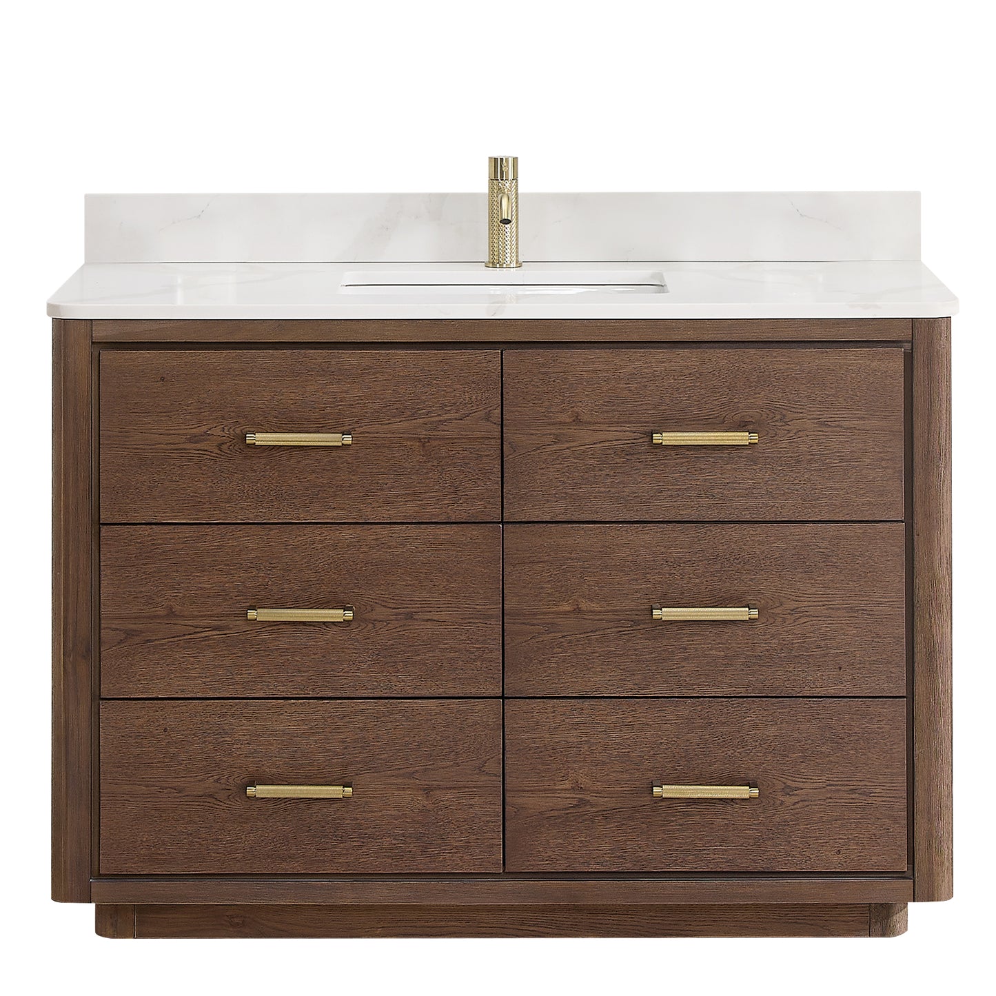 Vinnova, Porto 48" Free-standing Single Bath Vanity in Aged Dark Brown Oak with Fish Maw White Quartz Stone Top