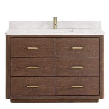 Vinnova, Porto 48" Free-standing Single Bath Vanity in Aged Dark Brown Oak with Fish Maw White Quartz Stone Top