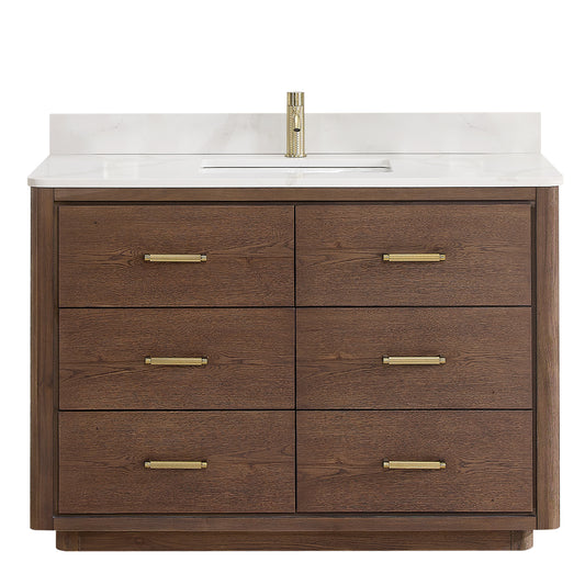 Vinnova, Porto 48" Free-standing Single Bath Vanity in Aged Dark Brown Oak with Fish Maw White Quartz Stone Top