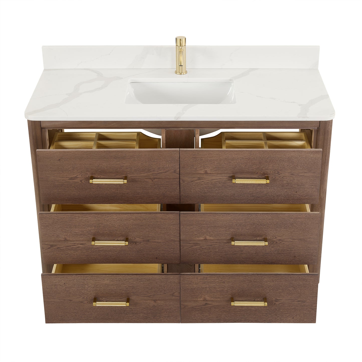 Vinnova, Porto 48" Free-standing Single Bath Vanity in Aged Dark Brown Oak with Fish Maw White Quartz Stone Top