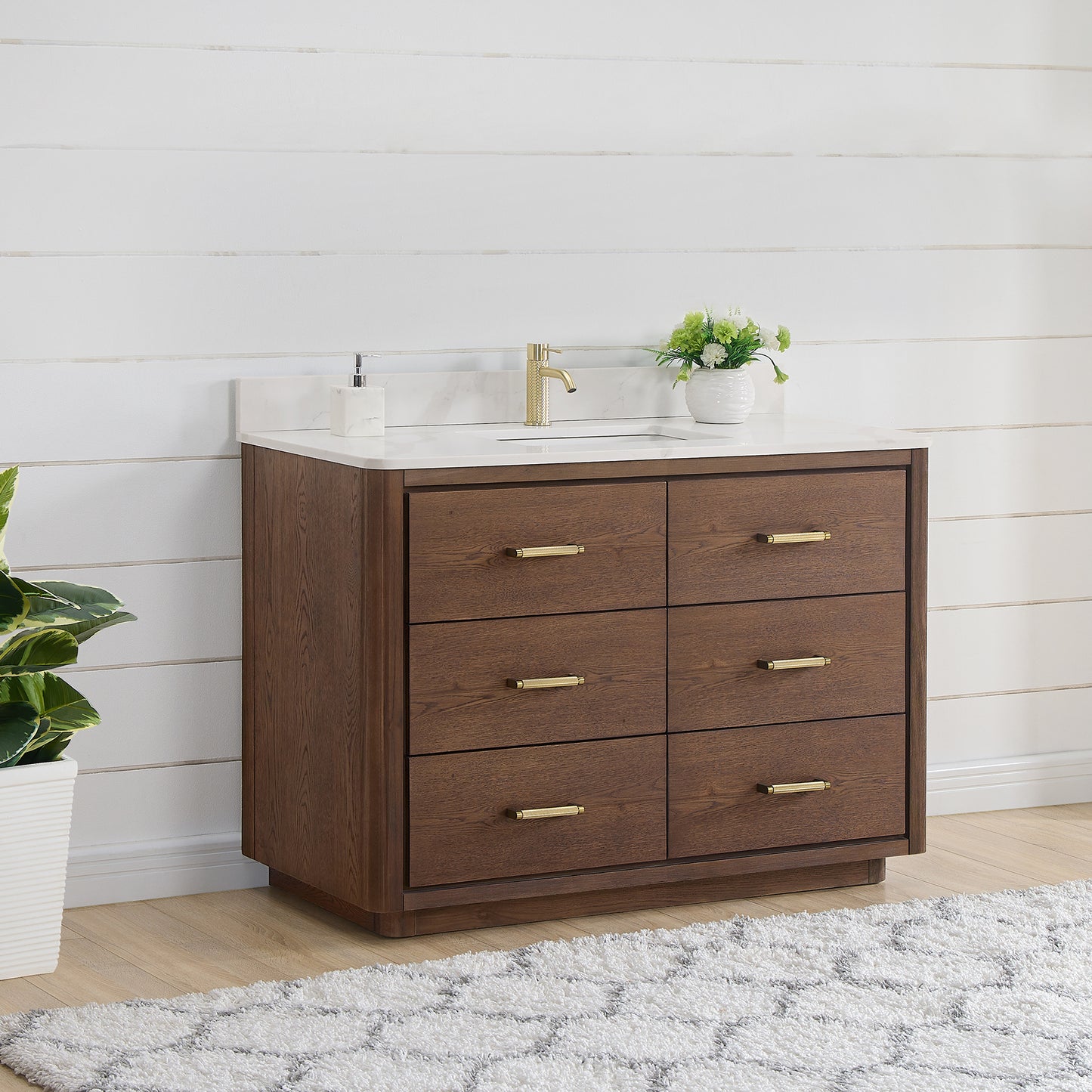 Vinnova, Porto 48" Free-standing Single Bath Vanity in Aged Dark Brown Oak with Fish Maw White Quartz Stone Top