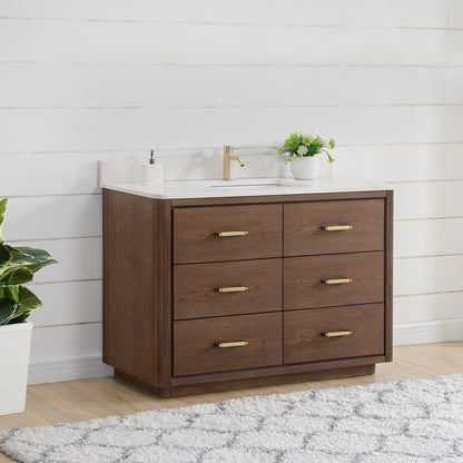 Vinnova, Porto 48" Free-standing Single Bath Vanity in Aged Dark Brown Oak with Fish Maw White Quartz Stone Top
