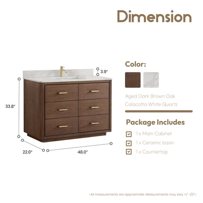 Vinnova, Porto 48" Free-standing Single Bath Vanity in Aged Dark Brown Oak with Fish Maw White Quartz Stone Top