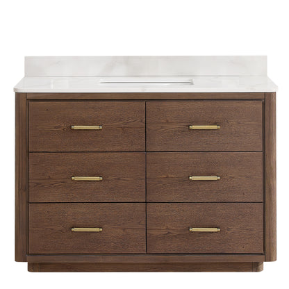 Vinnova, Porto 48" Free-standing Single Bath Vanity in Aged Dark Brown Oak with Fish Maw White Quartz Stone Top