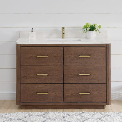 Vinnova, Porto 48" Free-standing Single Bath Vanity in Aged Dark Brown Oak with Fish Maw White Quartz Stone Top
