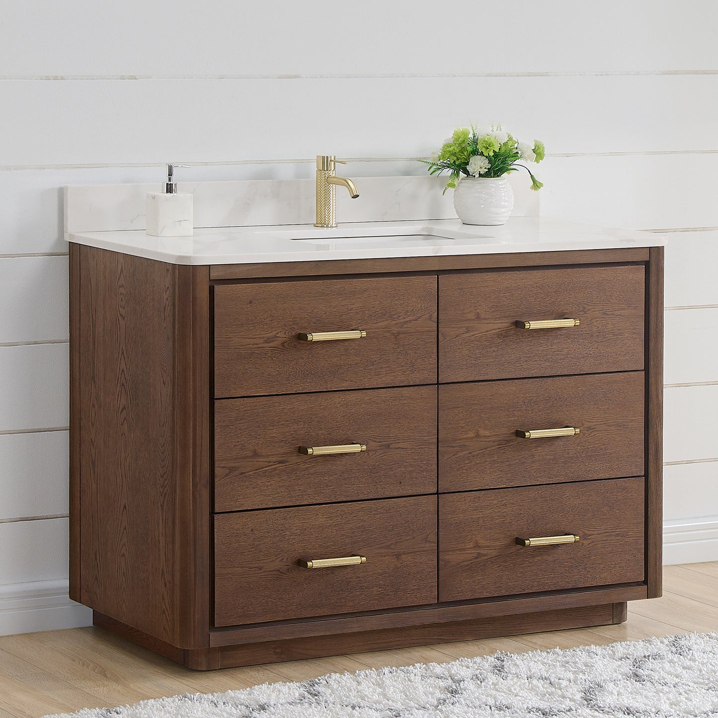 Vinnova, Porto 48" Free-standing Single Bath Vanity in Aged Dark Brown Oak with Fish Maw White Quartz Stone Top