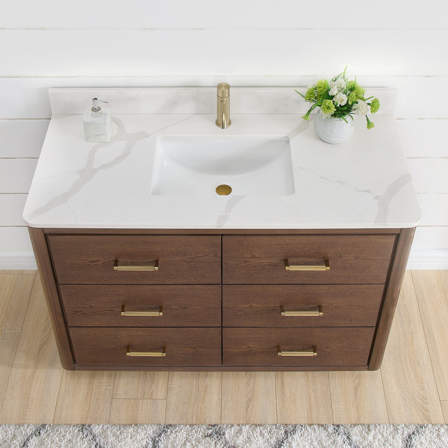 Vinnova, Porto 48" Free-standing Single Bath Vanity in Aged Dark Brown Oak with Fish Maw White Quartz Stone Top