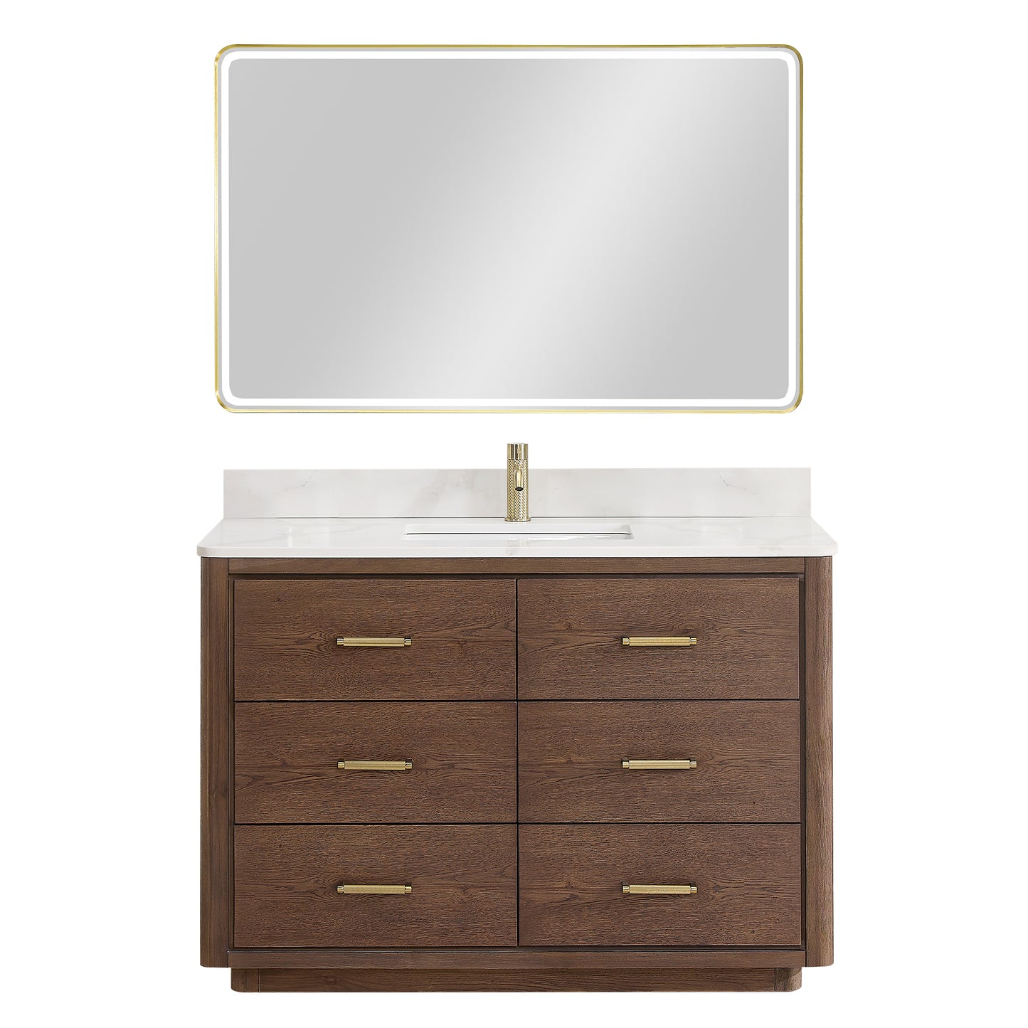 Vinnova, Porto 48" Free-standing Single Bath Vanity in Aged Dark Brown Oak with Fish Maw White Quartz Stone Top and Mirror