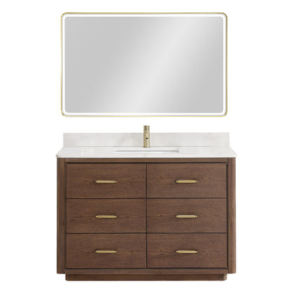 Vinnova, Porto 48" Free-standing Single Bath Vanity in Aged Dark Brown Oak with Fish Maw White Quartz Stone Top and Mirror