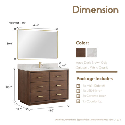 Vinnova, Porto 48" Free-standing Single Bath Vanity in Aged Dark Brown Oak with Fish Maw White Quartz Stone Top and Mirror