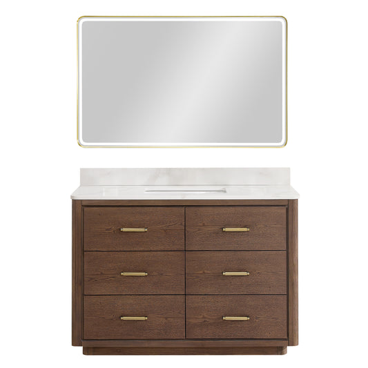 Vinnova, Porto 48" Free-standing Single Bath Vanity in Aged Dark Brown Oak with Fish Maw White Quartz Stone Top and Mirror