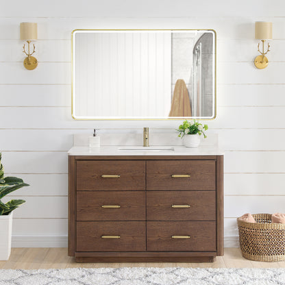 Vinnova, Porto 48" Free-standing Single Bath Vanity in Aged Dark Brown Oak with Fish Maw White Quartz Stone Top and Mirror