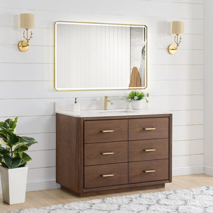 Vinnova, Porto 48" Free-standing Single Bath Vanity in Aged Dark Brown Oak with Fish Maw White Quartz Stone Top and Mirror