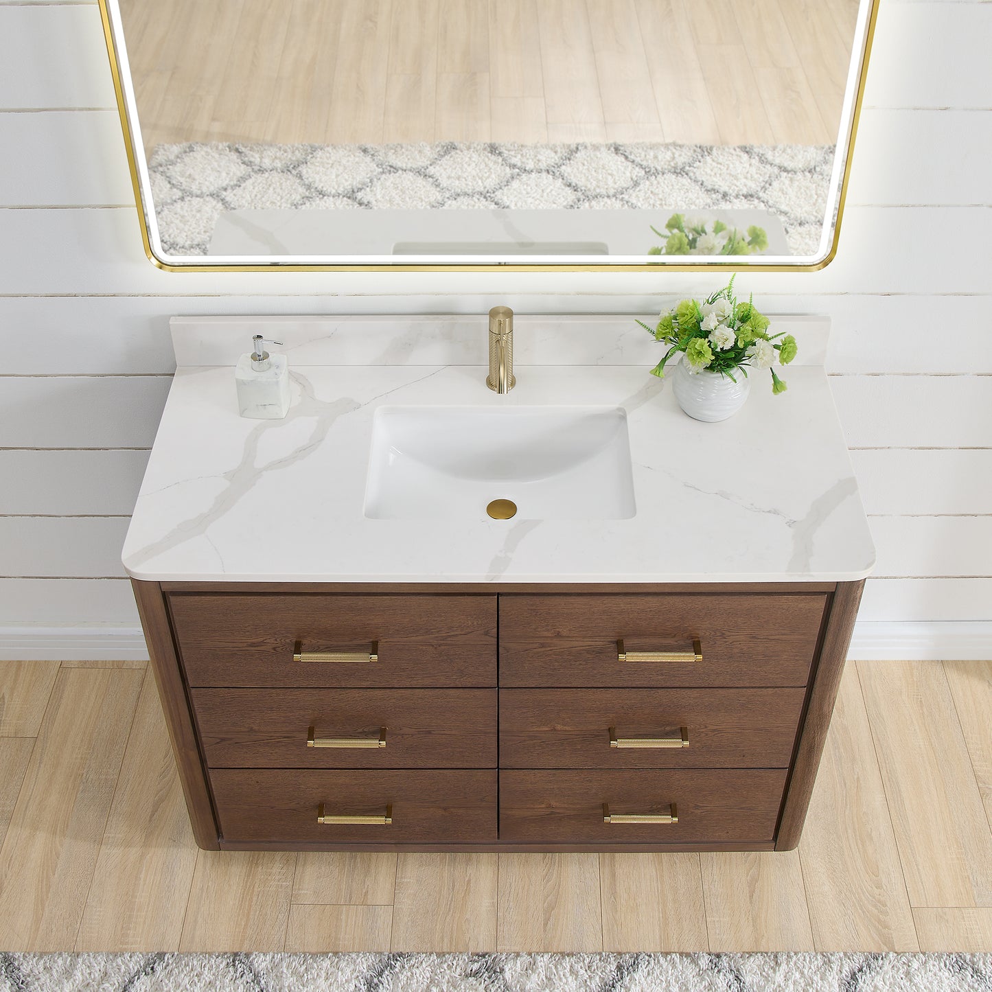 Vinnova, Porto 48" Free-standing Single Bath Vanity in Aged Dark Brown Oak with Fish Maw White Quartz Stone Top and Mirror
