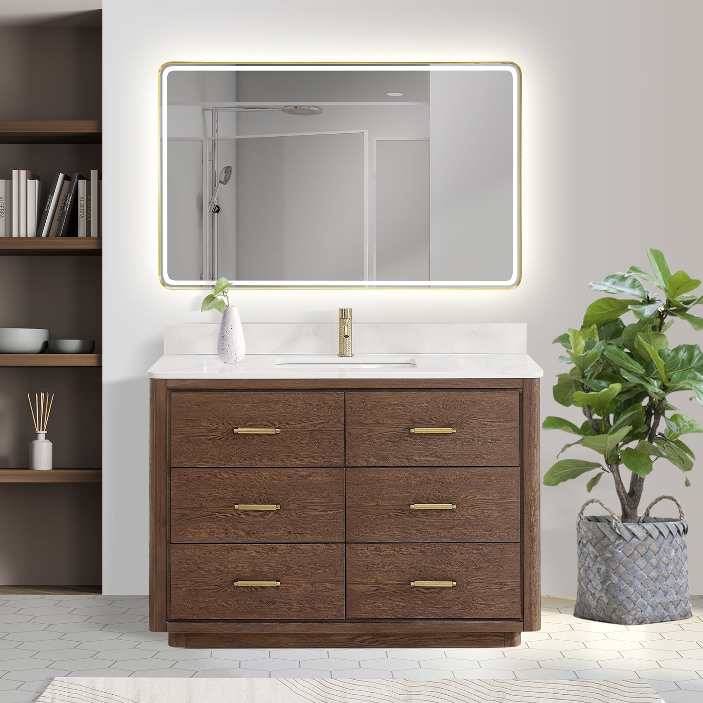 Vinnova, Porto 48" Free-standing Single Bath Vanity in Aged Dark Brown Oak with Fish Maw White Quartz Stone Top and Mirror