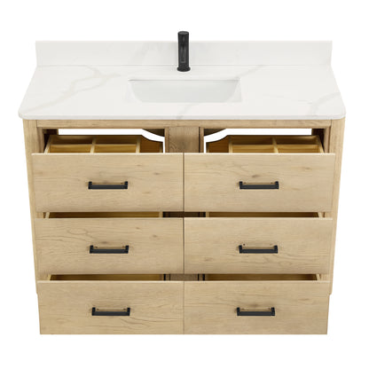 Vinnova, Porto 48" Free-standing Single Bath Vanity in Aged Natural Oak with Fish Maw White Quartz Stone Top