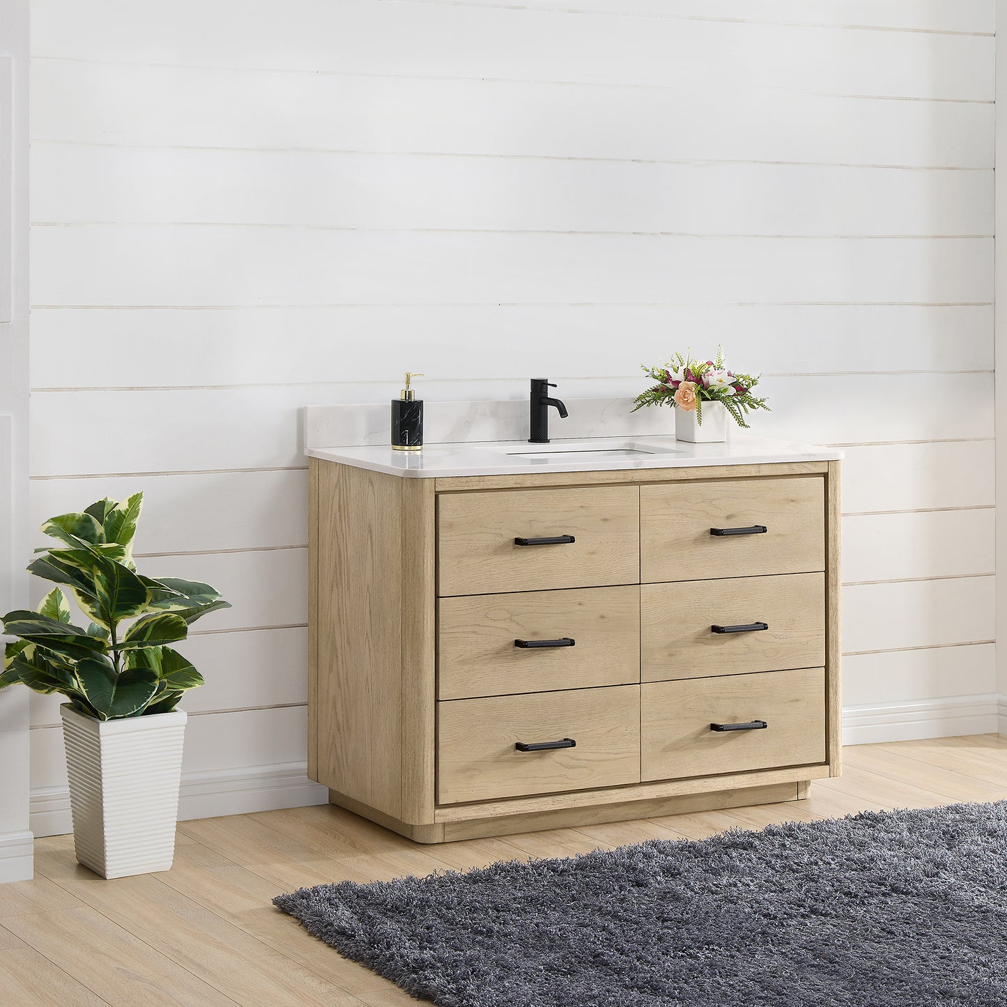 Vinnova, Porto 48" Free-standing Single Bath Vanity in Aged Natural Oak with Fish Maw White Quartz Stone Top