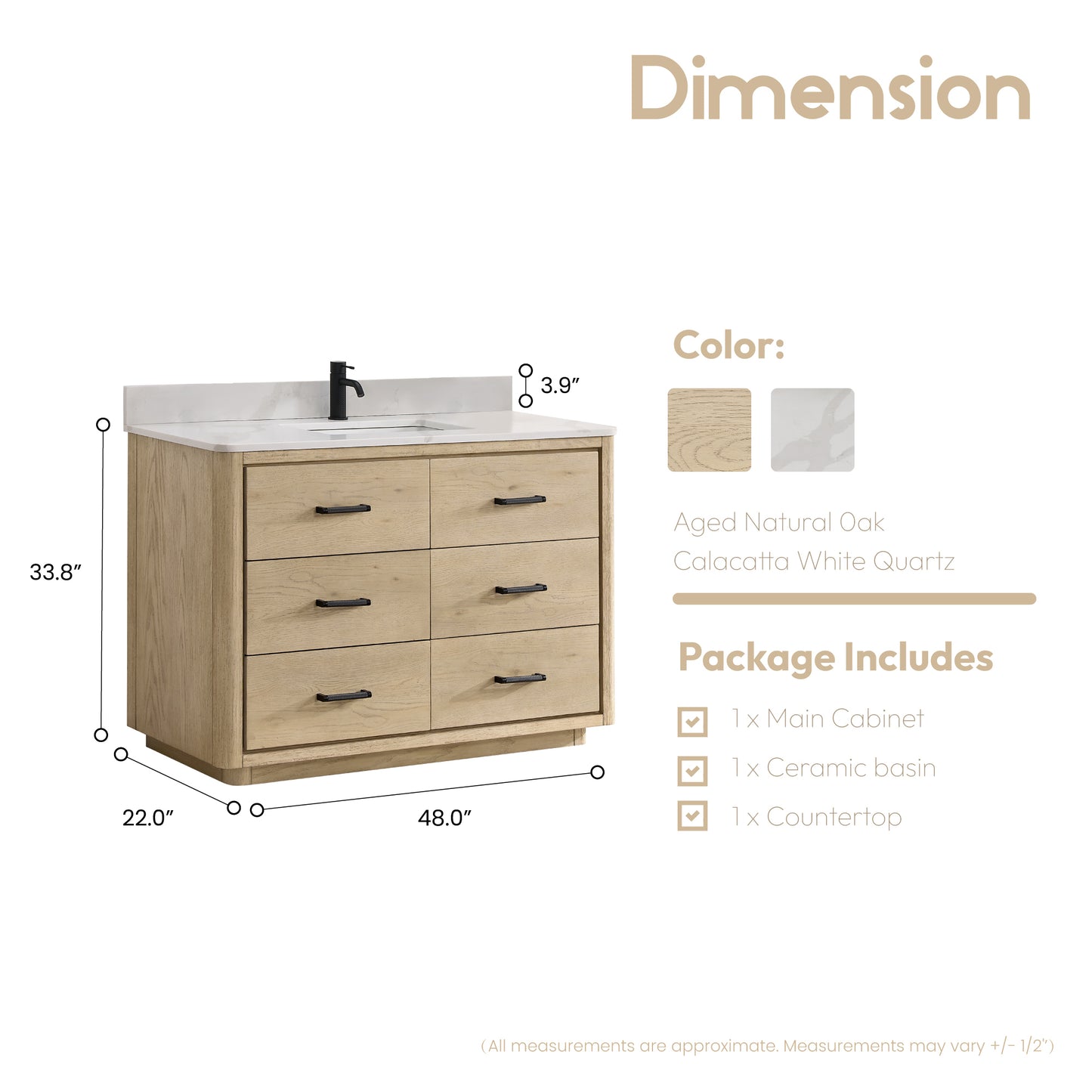 Vinnova, Porto 48" Free-standing Single Bath Vanity in Aged Natural Oak with Fish Maw White Quartz Stone Top